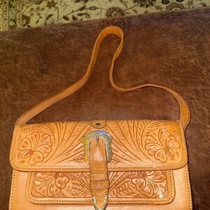 American West Tan Shoulder Bag with Floral Tooling